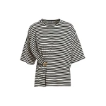 Essentiel Antwerp Black and off-white striped T-shirt with gold statement brooch detail Top