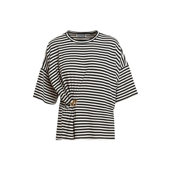 Essentiel Antwerp Black and off-white striped T-shirt with gold statement brooch detail Top
