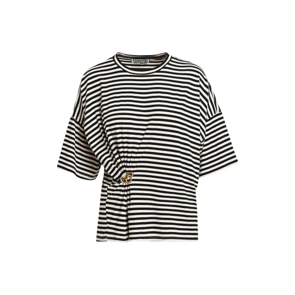 Essentiel Antwerp Black and off-white striped T-shirt with gold statement brooch detail Top