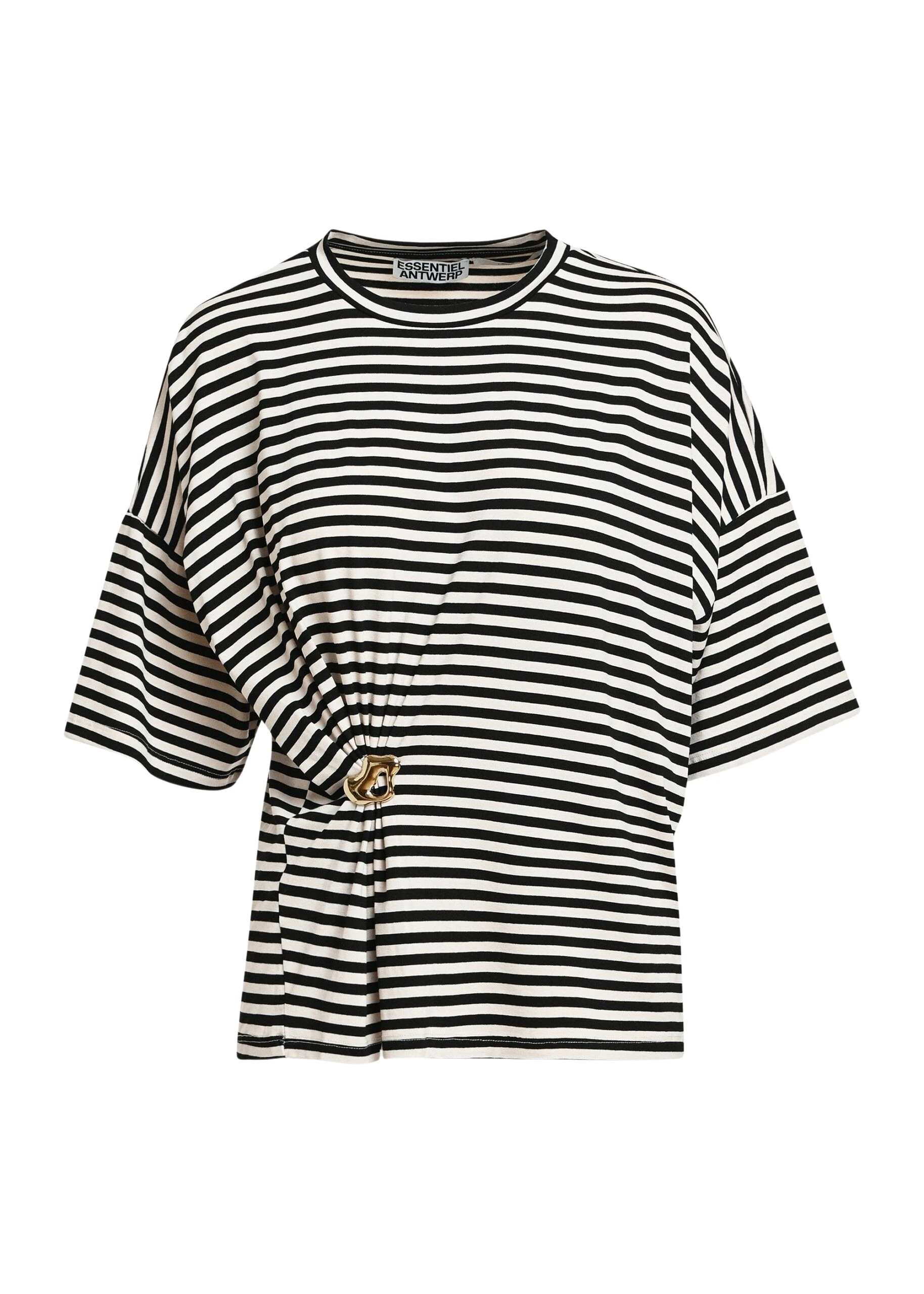 Essentiel-Antwerp-Black-and-off-white-striped-T-shirt-with-gold-statement-brooch-detail-scaled83384_nobg Essentiel Antwerp Black and off-white striped T-shirt with gold statement brooch detail Top
