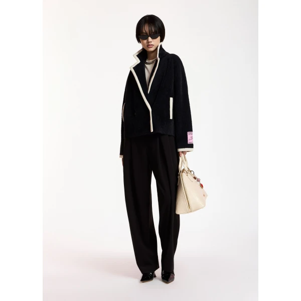 Essentiel Antwerp Black cardigan with white contrast trims, view 2