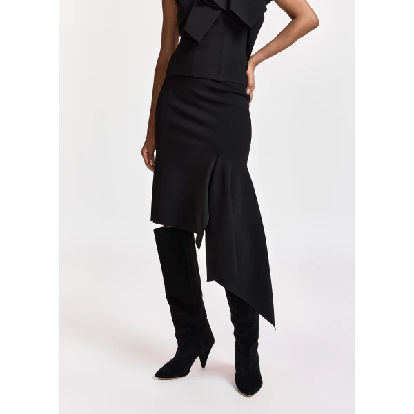 Essentiel Antwerp Black draped asymmetrical midi skirt, view 3