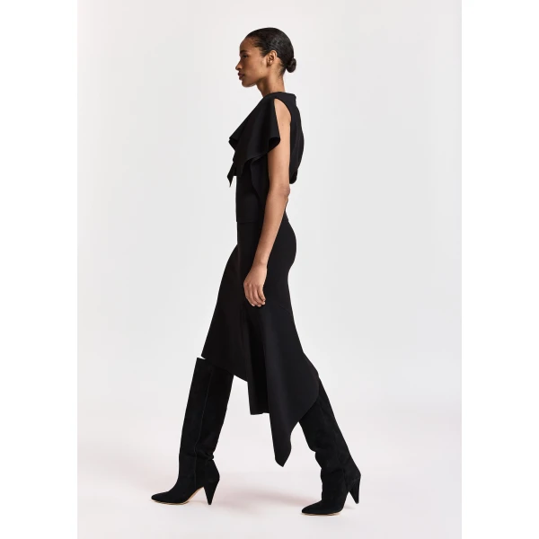 Essentiel Antwerp Black draped asymmetrical midi skirt, view 4