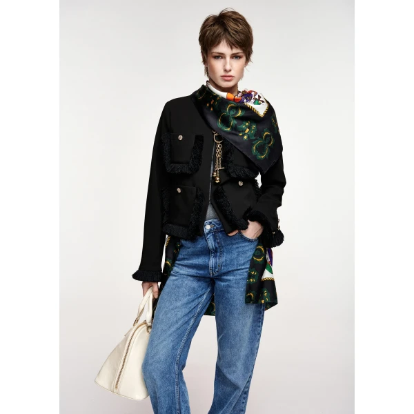 Essentiel Antwerp Black fitted jacket with fringe details and applicated pockets, view 2
