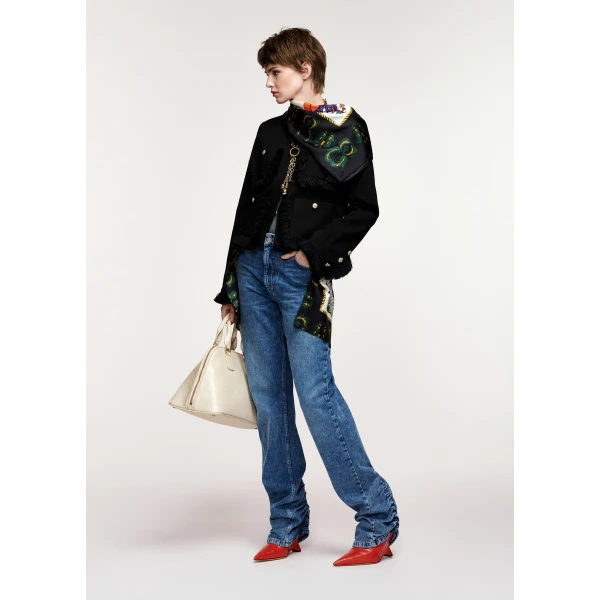 Essentiel Antwerp Black fitted jacket with fringe details and applicated pockets, view 3