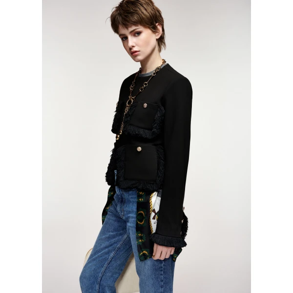 Essentiel Antwerp Black fitted jacket with fringe details and applicated pockets, view 4