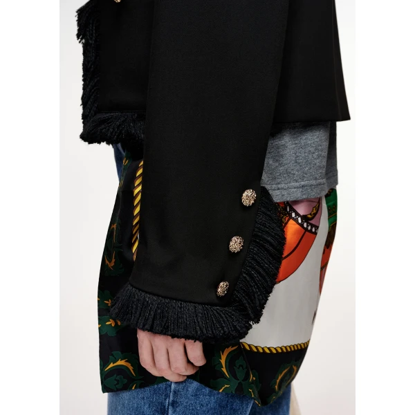 Essentiel Antwerp Black fitted jacket with fringe details and applicated pockets, view 5