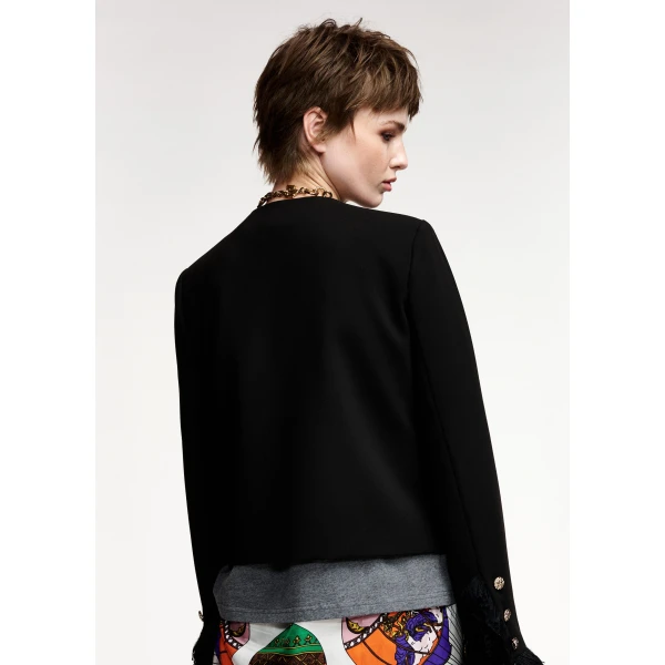 Essentiel Antwerp Black fitted jacket with fringe details and applicated pockets, view 6