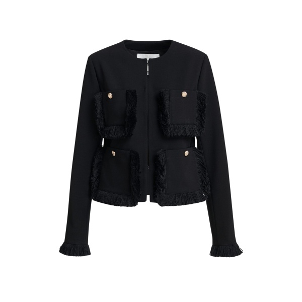 Essentiel Antwerp Black fitted jacket with fringe details and applicated pockets