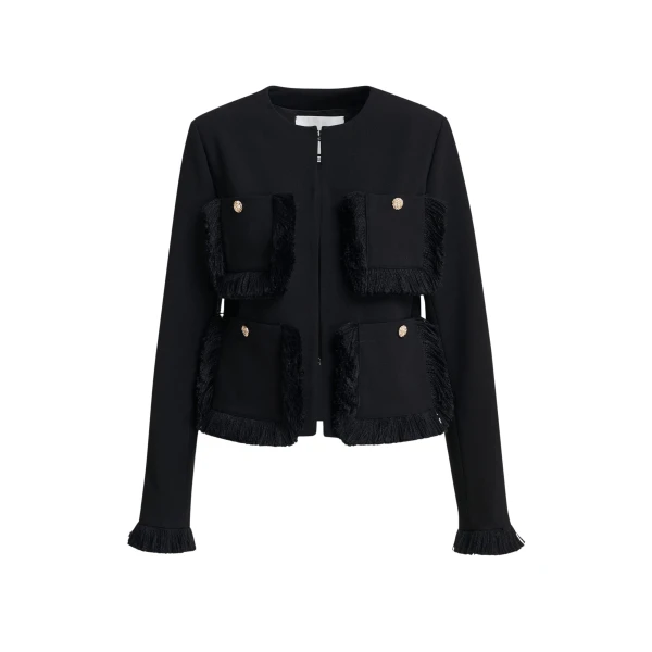 Essentiel Antwerp Black fitted jacket with fringe details and applicated pockets