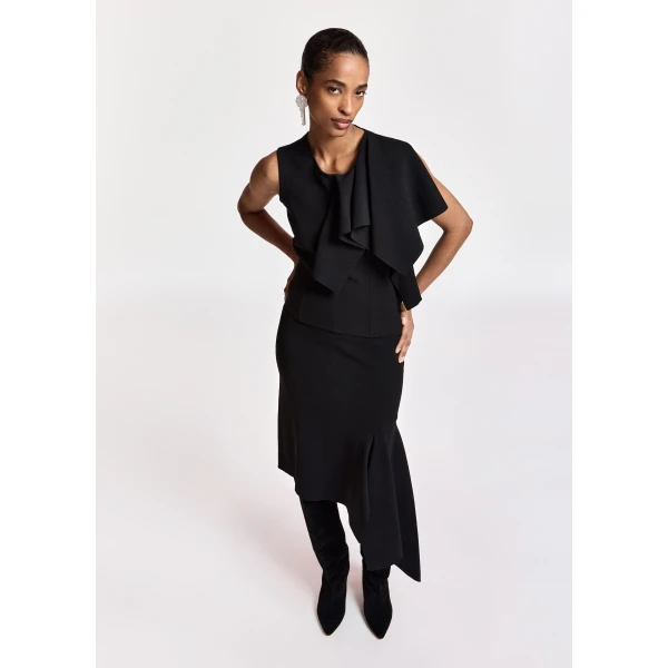 Essentiel Antwerp Black structured knitted top with draped ruffle detail, view 2