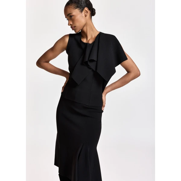 Essentiel Antwerp Black structured knitted top with draped ruffle detail, view 4