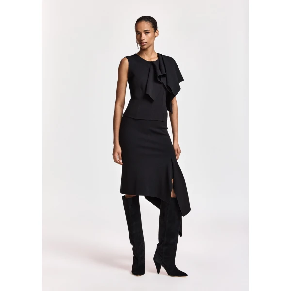Essentiel Antwerp Black structured knitted top with draped ruffle detail, view 5