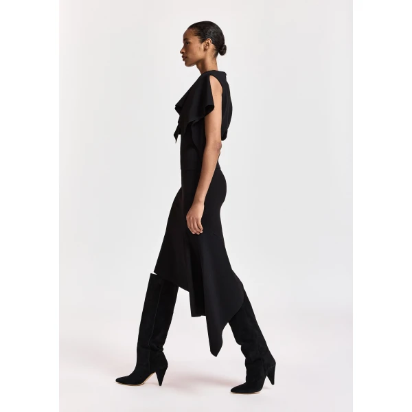 Essentiel Antwerp Black structured knitted top with draped ruffle detail, view 6