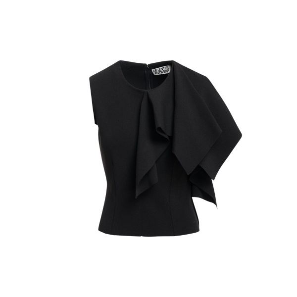 Essentiel Antwerp Black structured knitted top with draped ruffle detail