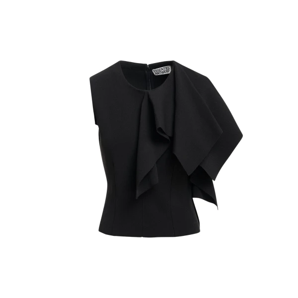 Essentiel Antwerp Black structured knitted top with draped ruffle detail