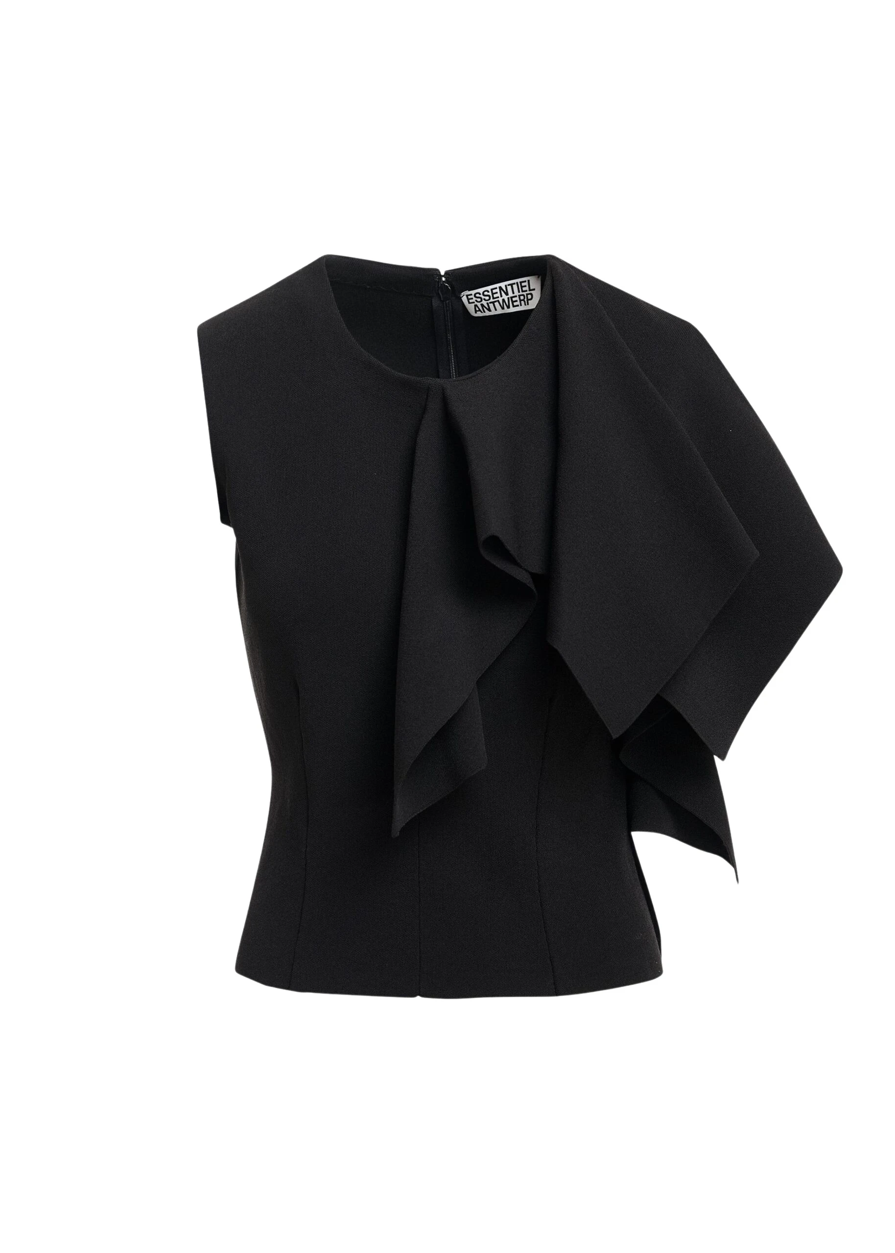 Essentiel-Antwerp-Black-structured-knitted-top-with-draped-ruffle-detail-scaled16222_nobg Essentiel Antwerp Black structured knitted top with draped ruffle detail