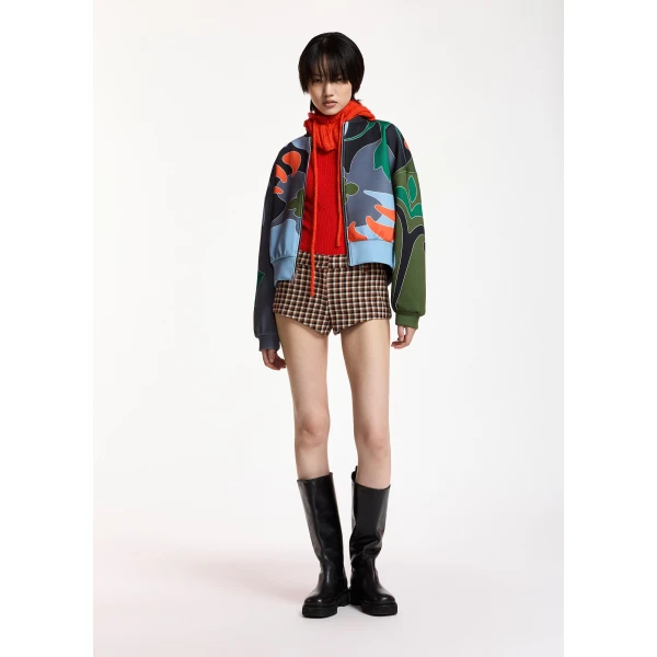 Essentiel Antwerp Blue, khaki and dark grey abstract floral-print cropped bomber jacket, view 2