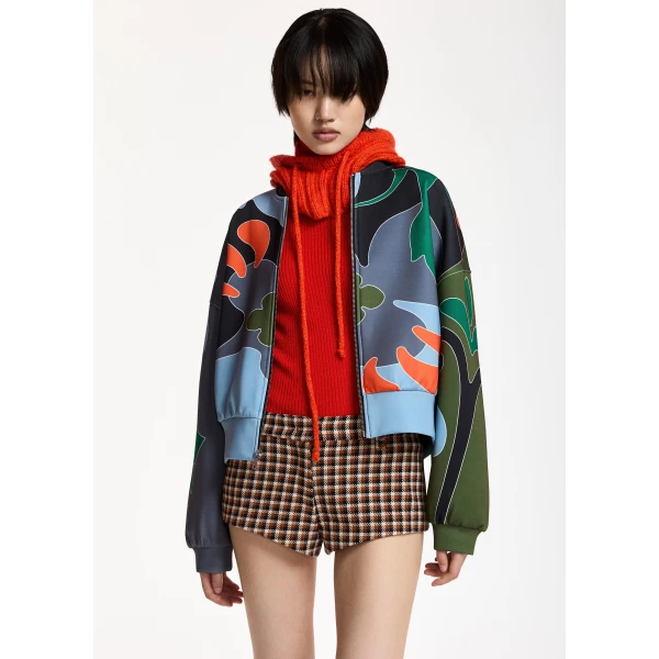 Essentiel Antwerp Blue, khaki and dark grey abstract floral-print cropped bomber jacket, view 3