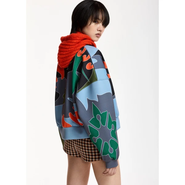 Essentiel Antwerp Blue, khaki and dark grey abstract floral-print cropped bomber jacket, view 4