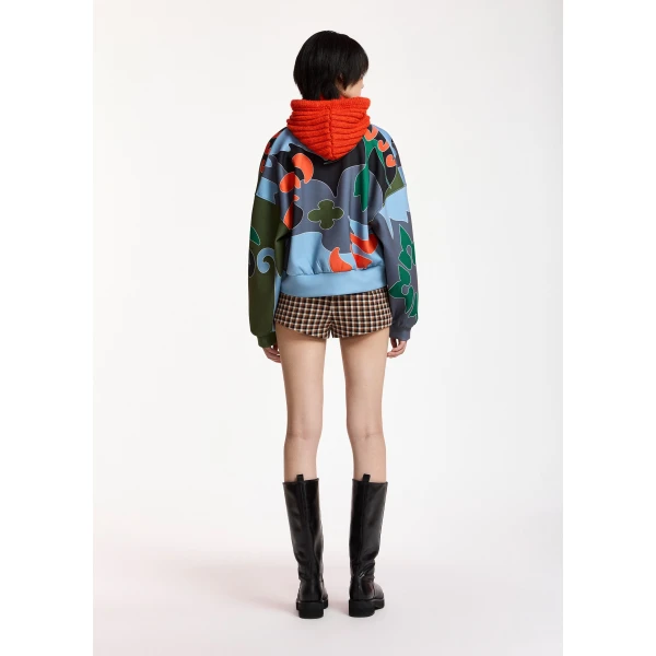 Essentiel Antwerp Blue, khaki and dark grey abstract floral-print cropped bomber jacket, view 5