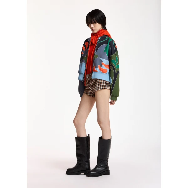 Essentiel Antwerp Blue, khaki and dark grey abstract floral-print cropped bomber jacket, view 6