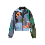 Essentiel Antwerp Blue, khaki and dark grey abstract floral-print cropped bomber jacket