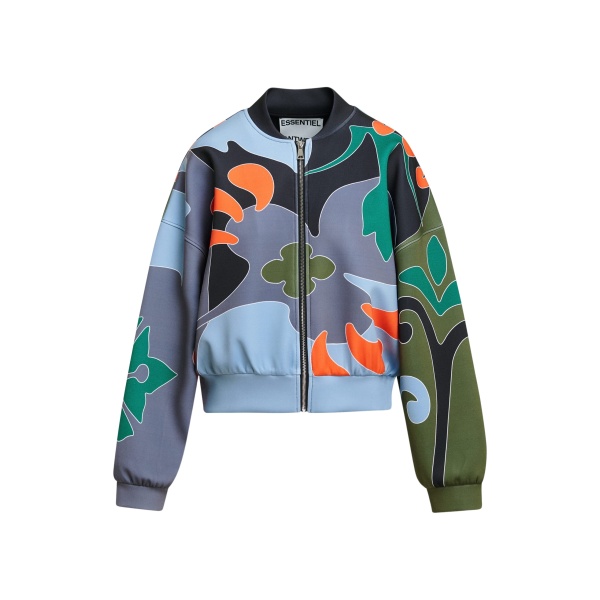 Essentiel Antwerp Blue, khaki and dark grey abstract floral-print cropped bomber jacket