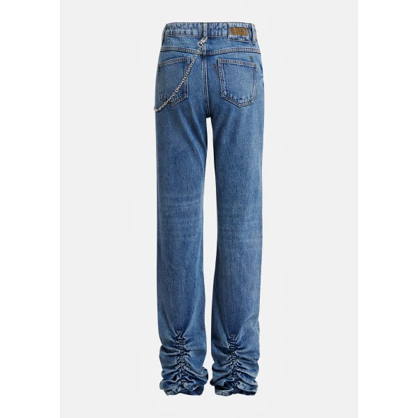 Essentiel Antwerp Blue organic cotton straight-leg jeans with ruched hem and detachable chain detial, view 2