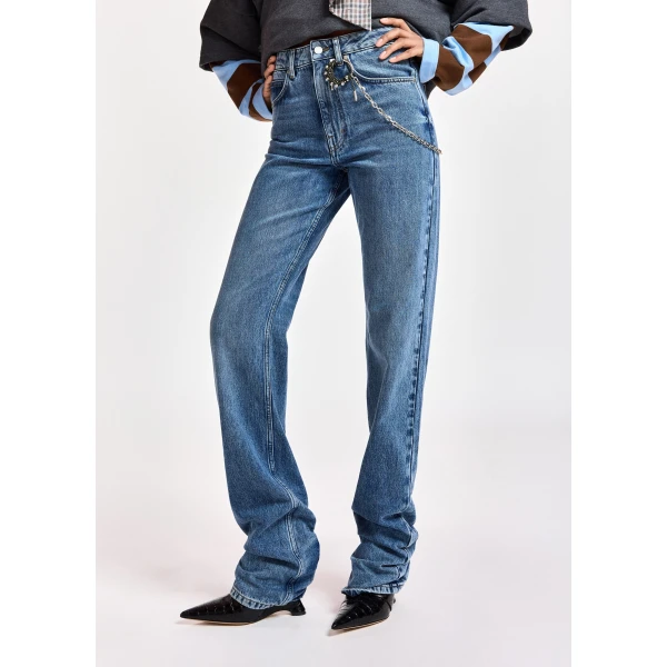 Essentiel Antwerp Blue organic cotton straight-leg jeans with ruched hem and detachable chain detial, view 4