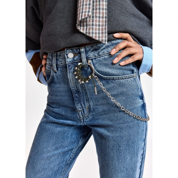 Essentiel Antwerp Blue organic cotton straight-leg jeans with ruched hem and detachable chain detial, view 5