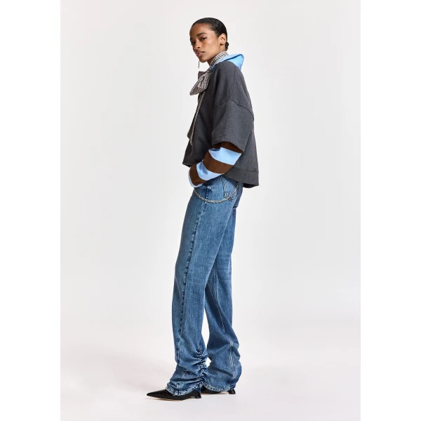 Essentiel Antwerp Blue organic cotton straight-leg jeans with ruched hem and detachable chain detial, view 6