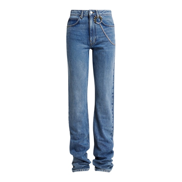 Essentiel Antwerp Blue organic cotton straight-leg jeans with ruched hem and detachable chain detial