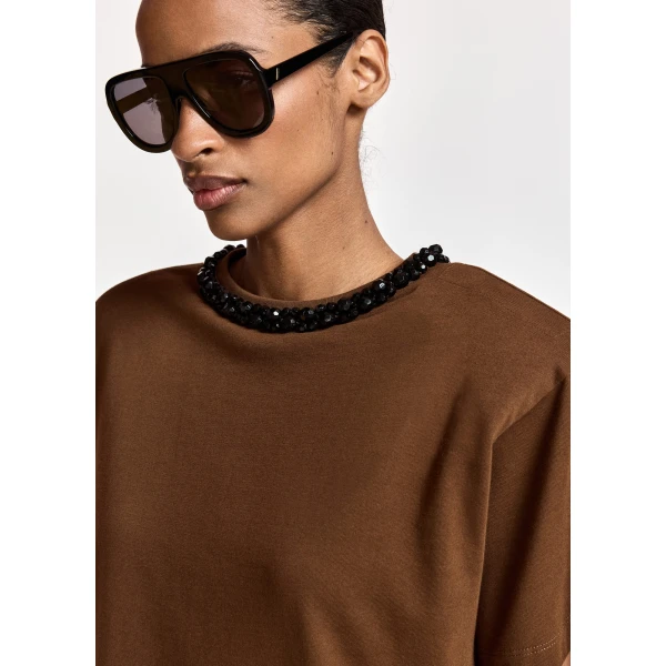Essentiel Antwerp Brown T-shirt with black embellished collar Top, view 3