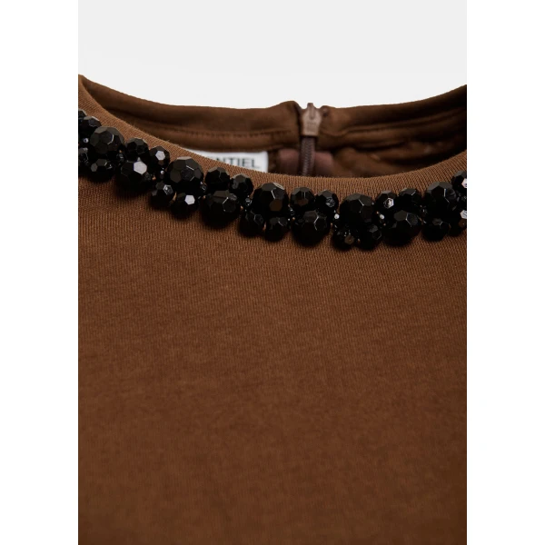 Essentiel Antwerp Brown T-shirt with black embellished collar Top, view 6