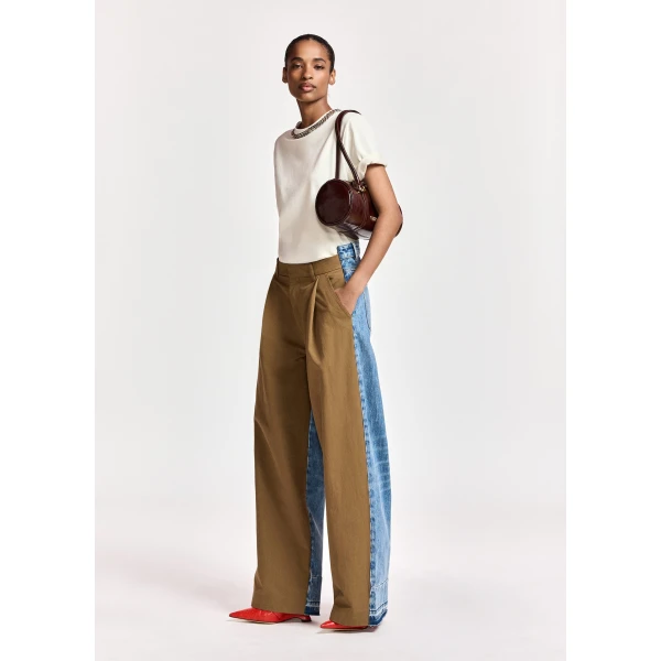 Essentiel Antwerp Brown and blue dual-fabric wide-leg pants, view 3