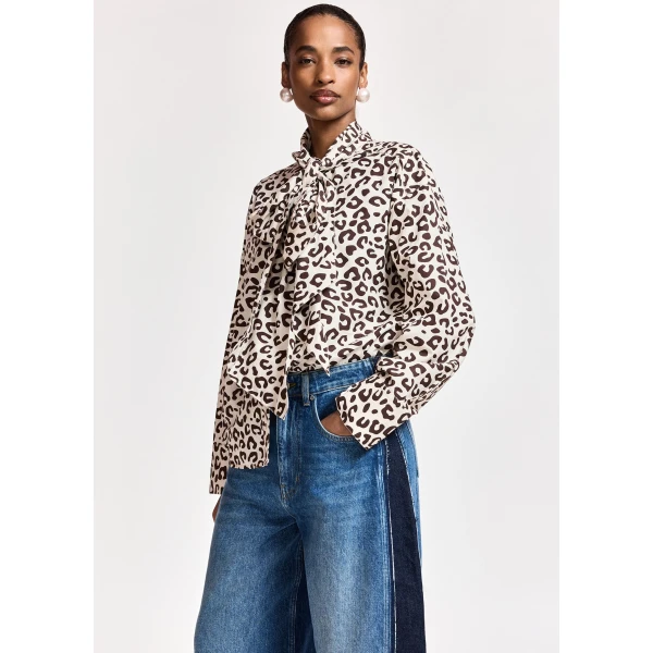 Essentiel Antwerp Brown and cream leopard-print pussy-bow shirt, view 2