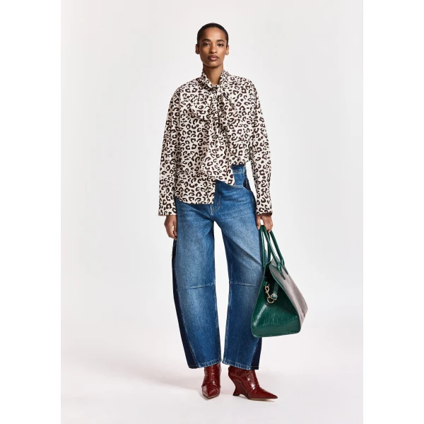 Essentiel Antwerp Brown and cream leopard-print pussy-bow shirt, view 3