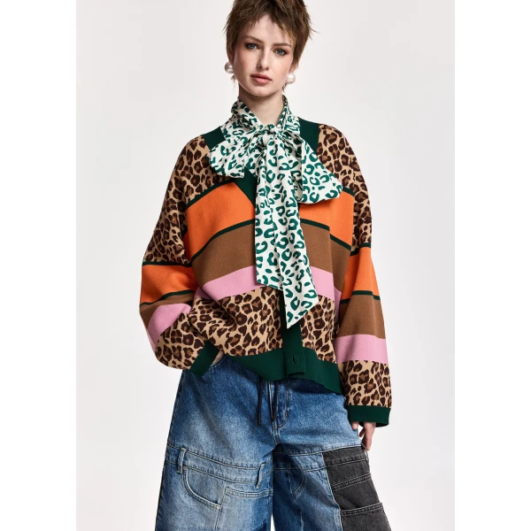 Essentiel Antwerp Brown and mulitcolor leopard-print color-block cardigan, view 2