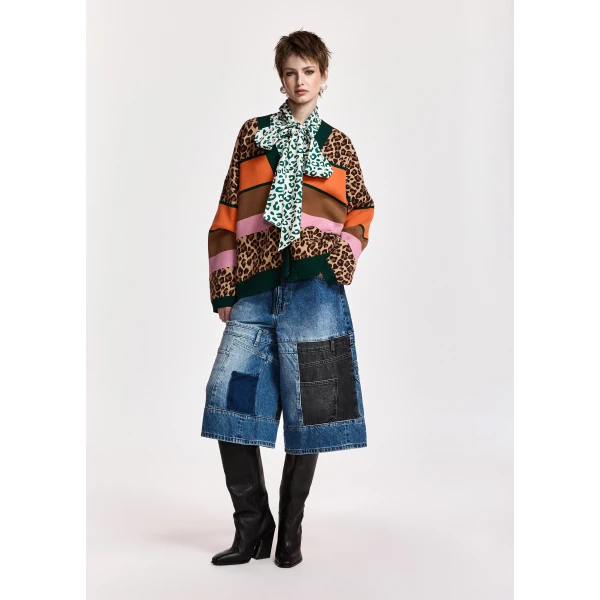 Essentiel Antwerp Brown and mulitcolor leopard-print color-block cardigan, view 3