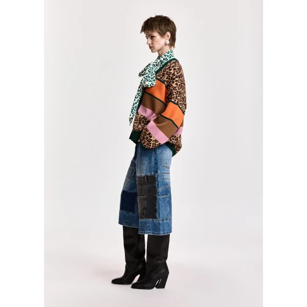 Essentiel Antwerp Brown and mulitcolor leopard-print color-block cardigan, view 5