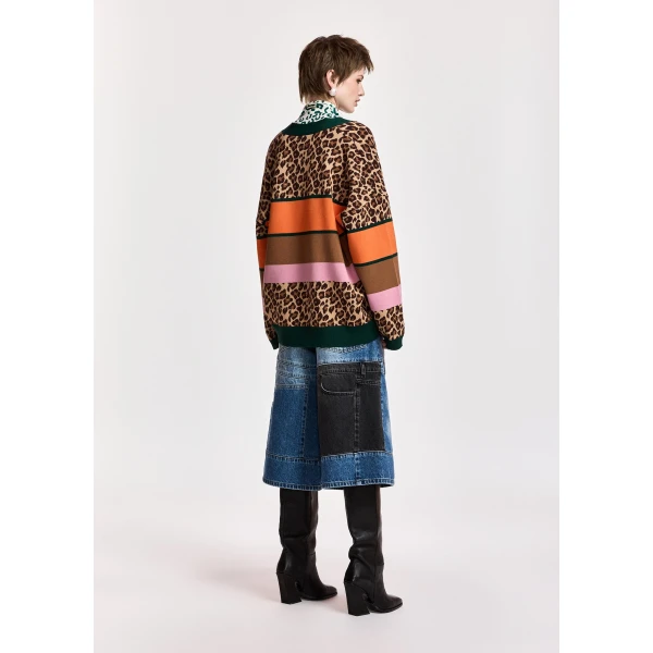 Essentiel Antwerp Brown and mulitcolor leopard-print color-block cardigan, view 6