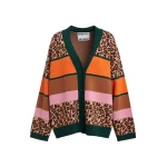 Essentiel Antwerp Brown and mulitcolor leopard-print color-block cardigan