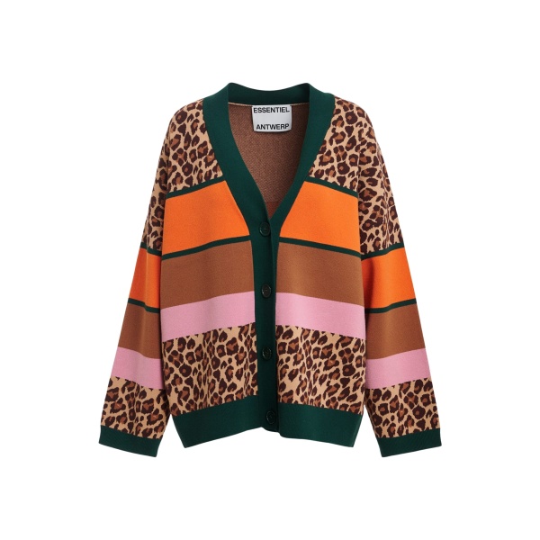 Essentiel Antwerp Brown and mulitcolor leopard-print color-block cardigan