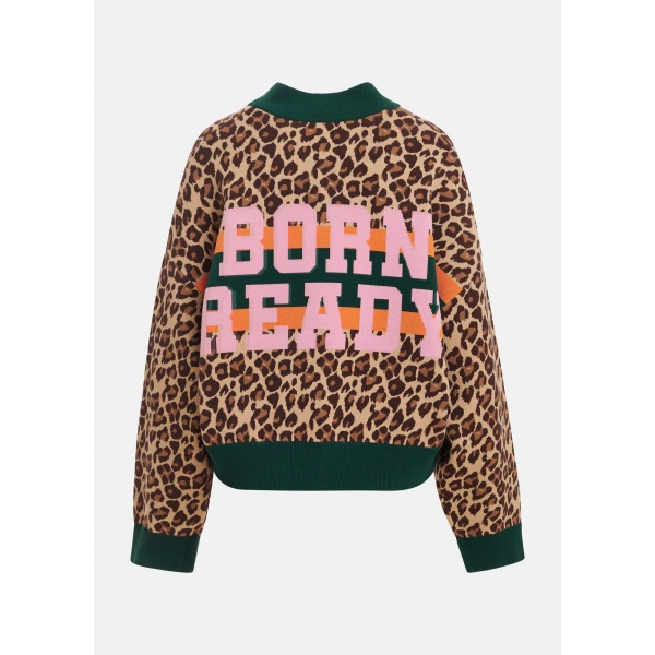 Essentiel Antwerp Brown and multicolor leopard-print color-block zip-up cardigan, view 2