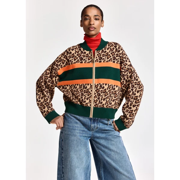 Essentiel Antwerp Brown and multicolor leopard-print color-block zip-up cardigan, view 3