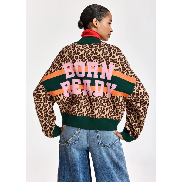 Essentiel Antwerp Brown and multicolor leopard-print color-block zip-up cardigan, view 4