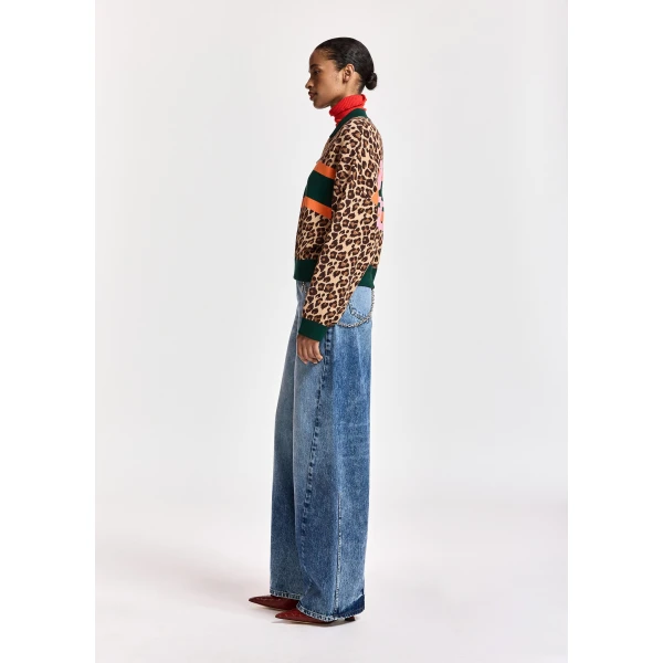 Essentiel Antwerp Brown and multicolor leopard-print color-block zip-up cardigan, view 5