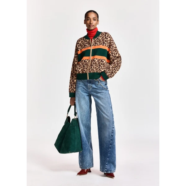 Essentiel Antwerp Brown and multicolor leopard-print color-block zip-up cardigan, view 6
