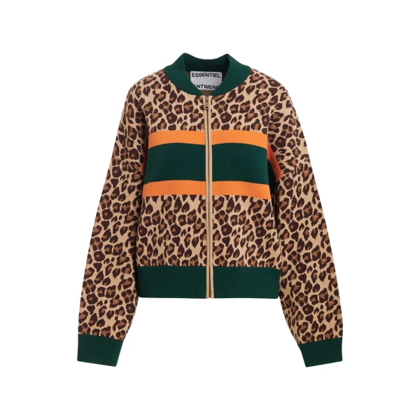Essentiel Antwerp Brown and multicolor leopard-print color-block zip-up cardigan